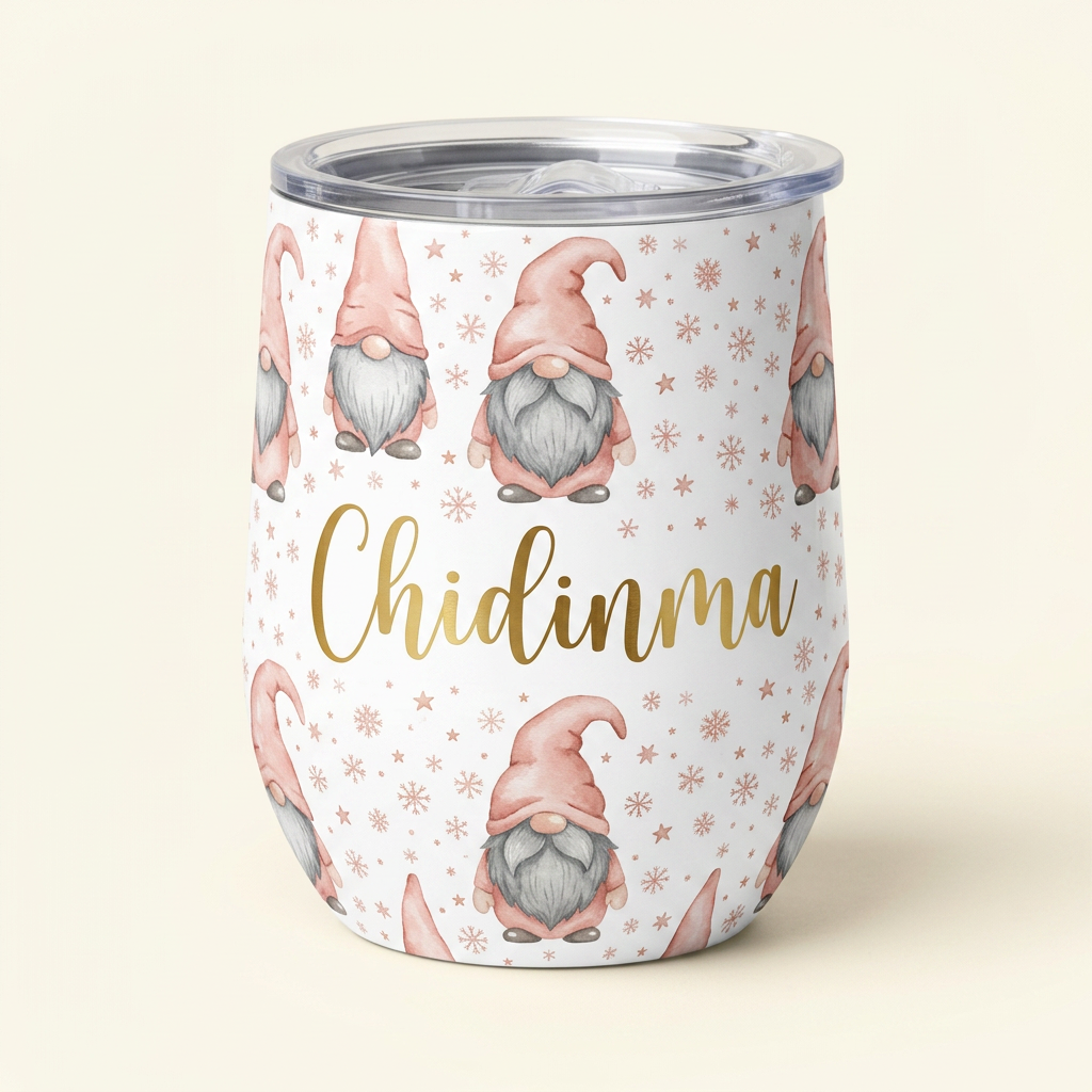 Blush Gonk Insulated Wine Cup personalised with a name in gold script